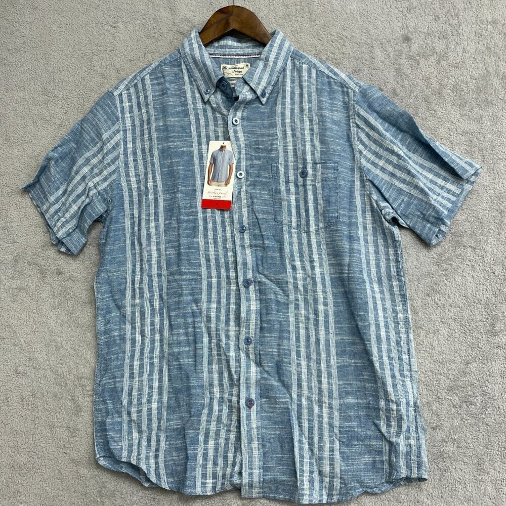NEW Weatherproof Vintage Men's M Short Sleeve Shirt Blue Linen Cotton Striped - Picture 2 of 9